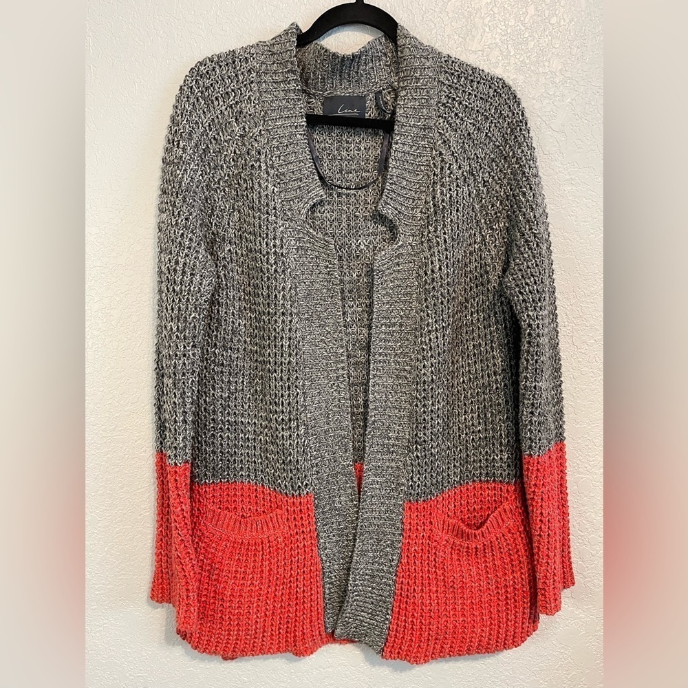 Line & Dot Chunky Knit Colorblock Open Front Oversize Cardigan Women's Small